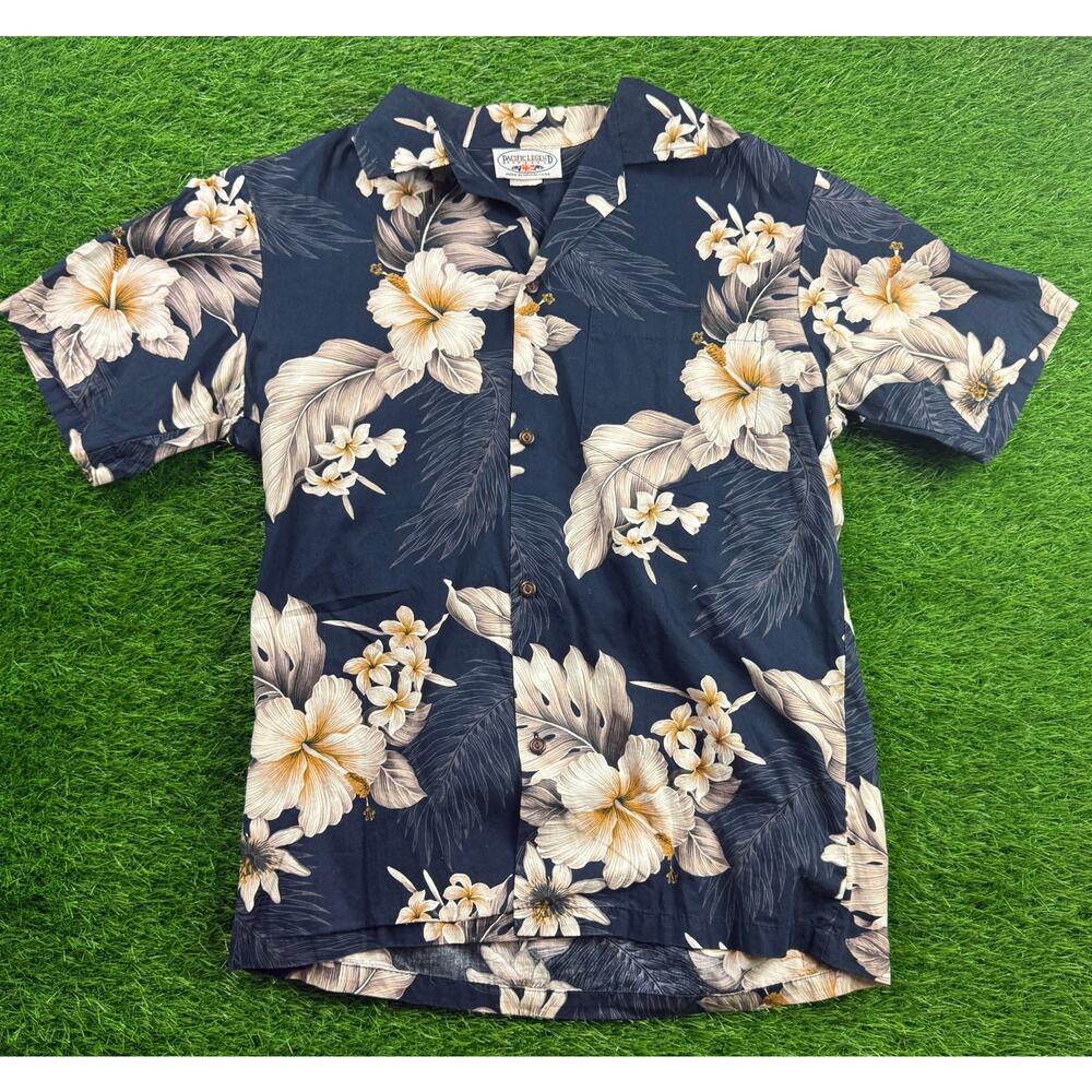 Pacific Legend Men’s Size S Hawaiian Aloha Shirt Navy Floral Hibiscus Made USA